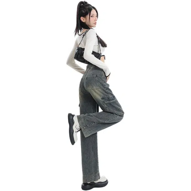 邓大喵 美式翻边直筒女春季美拉德复古工装裤阔腿裤长裤牛仔裤 女款