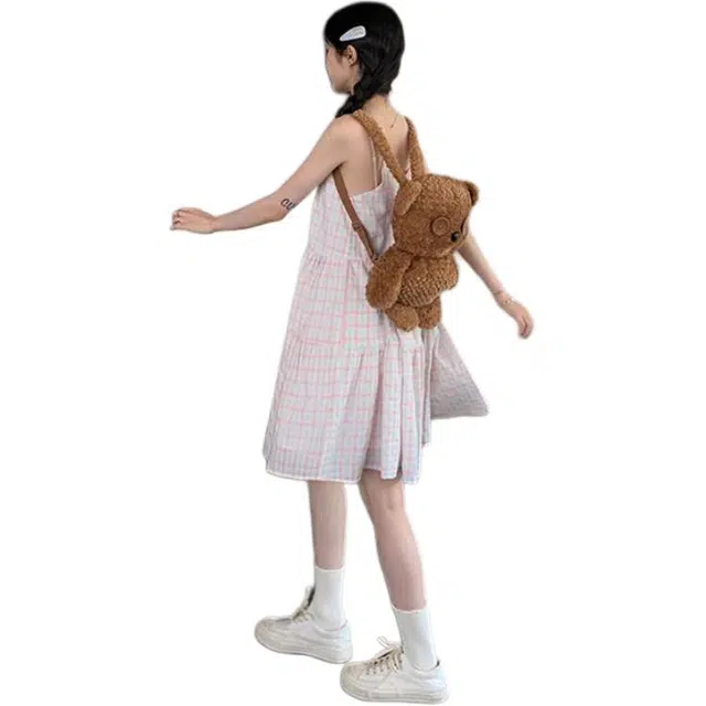 邓大喵 夏季俏皮少女感吊带女甜美小清新宽松减龄显瘦撞色格纹裙子连衣裙 女款
