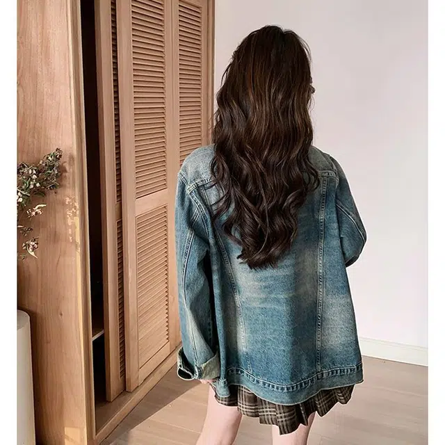 邓大喵 超好看圆领女春秋宽松港风复古做旧休闲百搭上衣牛仔外套 女款