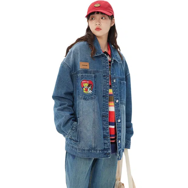 邓大喵 刺绣女春秋韩版宽松设计感水洗做旧春季夹克上衣牛仔外套 女款