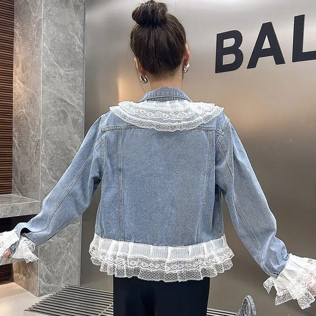 邓大喵 超好看漂亮钉珠女春秋设计感时尚蕾丝边夹克上衣牛仔外套 女款