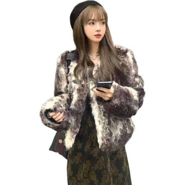 邓大喵 冬季韩版羊羔毛外套女短款加厚爆款小个子洋气高级感上衣皮草 女款