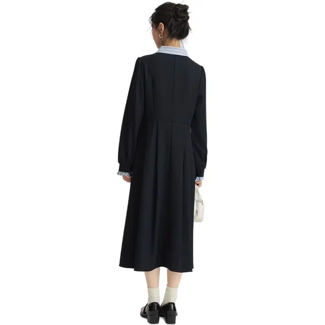 邓大喵 学院风拼接假两件女春季秋季法式高级感收腰显瘦精致长裙子连衣裙 女款