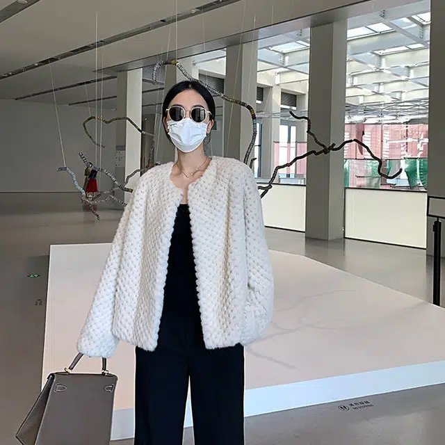 邓大喵 仿獭兔毛外套女冬季百搭圆领短款加厚保暖编织大衣皮草 女款