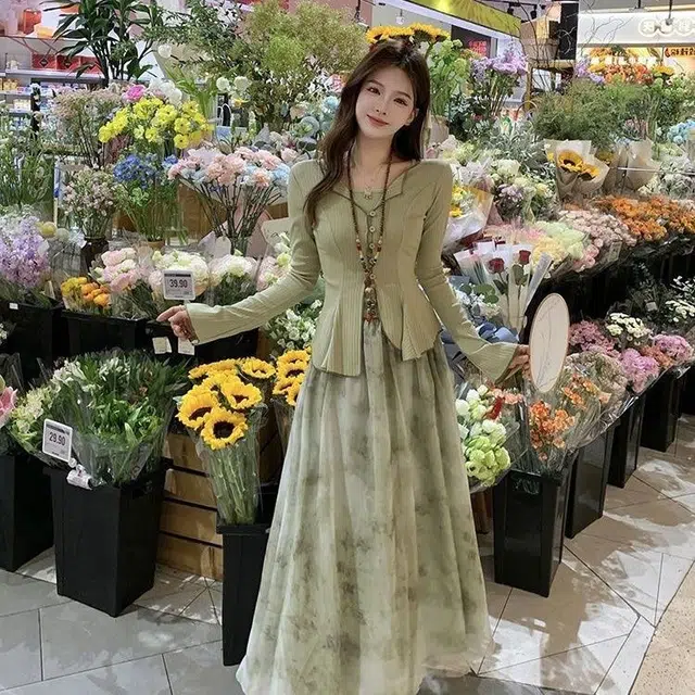 邓大喵 新中式长袖开衫吊带细腰半身裙裙装套装 女款