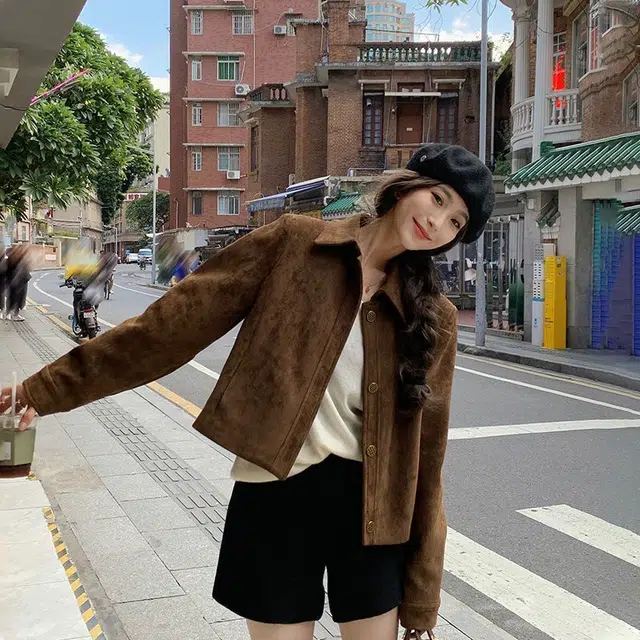 邓大喵 短款麂皮绒外套女春秋爆款洋气流行小个子高级感上衣夹克 女款