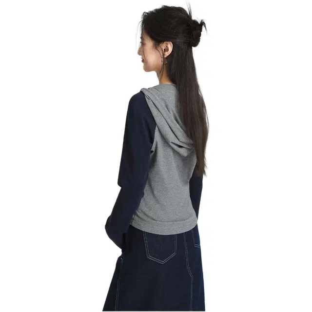 邓大喵 半拉链女插肩袖撞色连帽上衣春季显瘦遮肉外套套头衫卫衣 女款