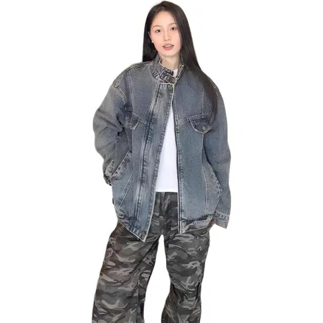 邓大喵 美式复古水洗做旧男女秋季潮牌高级感宽松休闲工装夹克女牛仔外套 男女同款