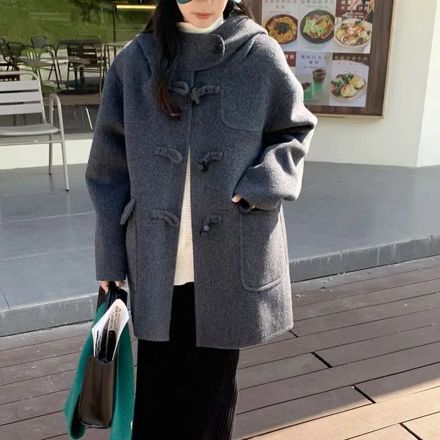 邓大喵 秋冬连帽牛角扣双面毛呢女小个子百搭减龄外套好看大衣 女款