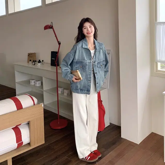 邓大喵 磨破做旧春季甜酷风简约宽松廓形上衣牛仔外套 女款