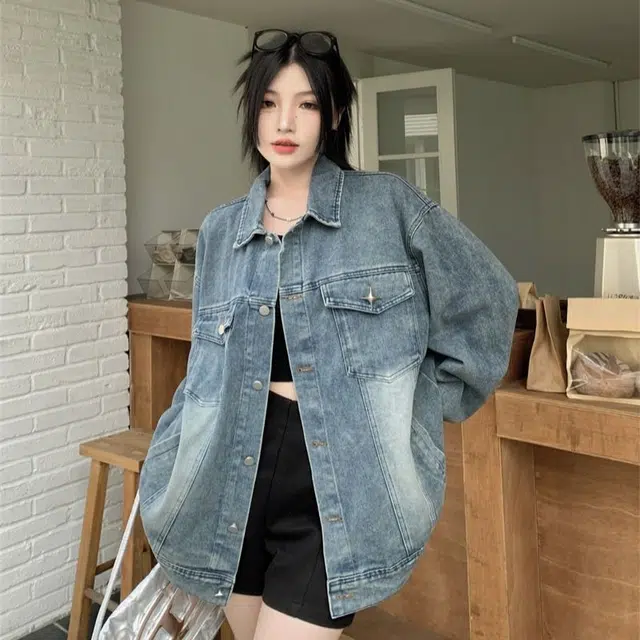 邓大喵 美式水洗复古百搭秋季女高街潮牌宽松情侣夹克牛仔外套 女款