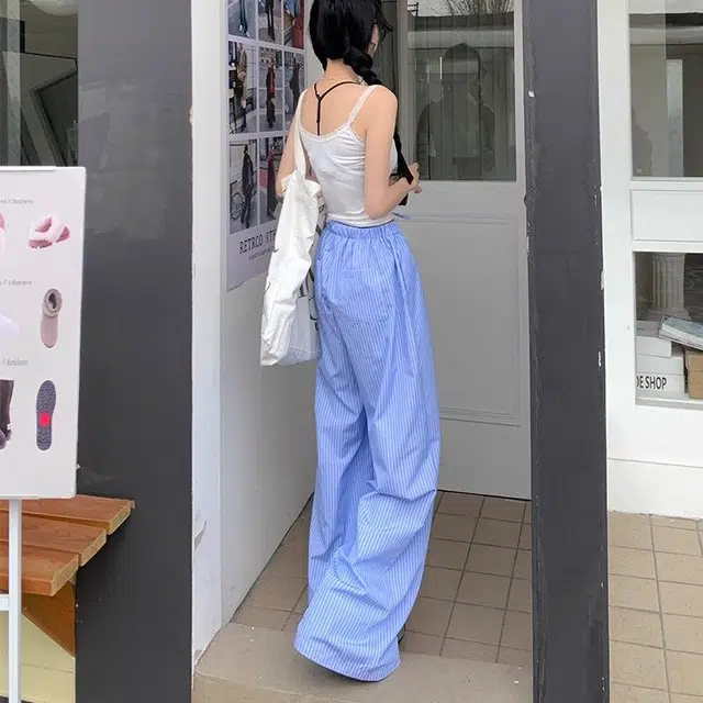 邓大喵 韩系长裤慵懒竖条纹阔腿裤高腰宽松拖地裤休闲裤 女款