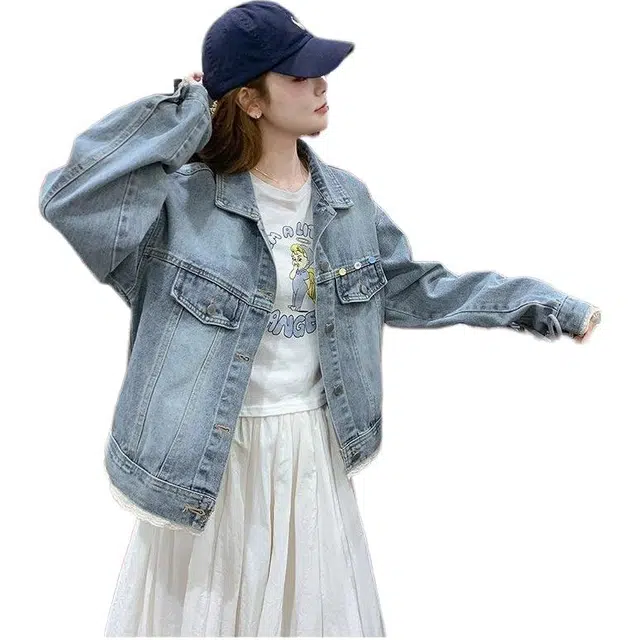 邓大喵 水洗复古蕾丝边女春季韩系小个子减龄百搭夹克潮牛仔外套 女款