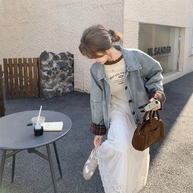 邓大喵 格子拼接韩系高级感牛仔外套 女款