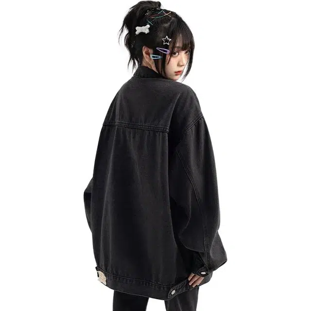 邓大喵 美式复古女秋百搭宽松简约胸章长袖夹克潮流上衣牛仔外套 女款