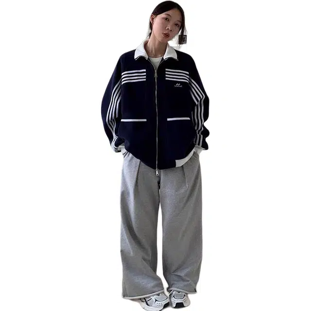 邓大喵 条纹运动夹克外套撞色设计休闲立领男女秋冬款棒球服 女款