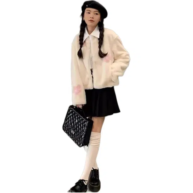 邓大喵 外穿毛毛外套女秋冬年轻短款小个子拼接印花减龄毛绒上衣皮草 女款