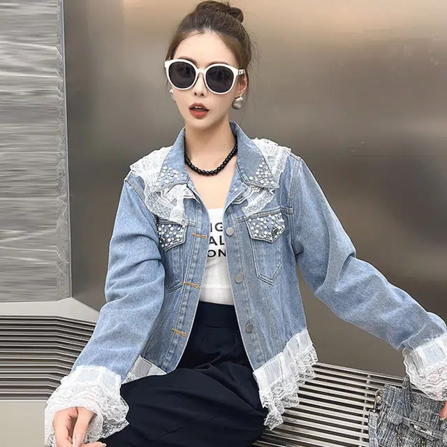 邓大喵 超好看漂亮钉珠女春秋设计感时尚蕾丝边夹克上衣牛仔外套 女款