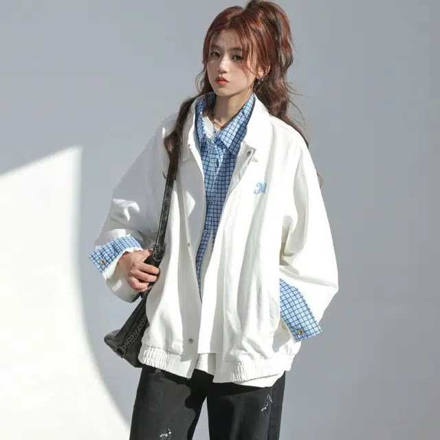 邓大喵 美式复古拼接格子假两件翻领外套女春秋宽松休闲夹克 女款