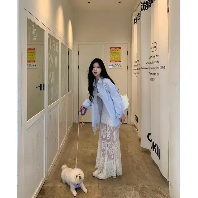 邓大喵 宽松百搭时尚设计感蕾丝拼接长袖衬衫小众蕾丝长款连衣裙裙装套装 女款
