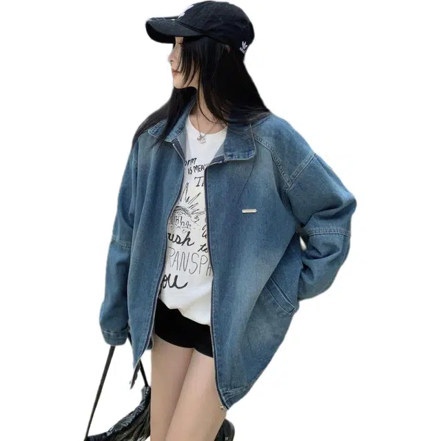邓大喵 美式复古水洗做旧拉链男女春秋街头宽松休闲小众牛仔外套 女款