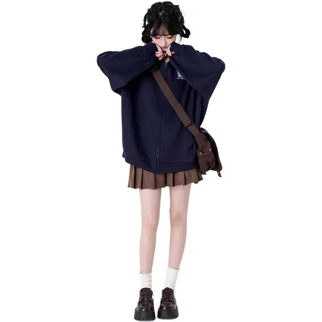 邓大喵 学院风外套女春秋甜美小个子水手领刺绣拉链开衫卫衣 女款