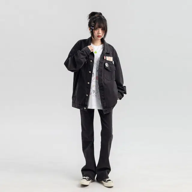 邓大喵 美式复古女秋百搭宽松简约胸章长袖夹克潮流上衣牛仔外套 女款