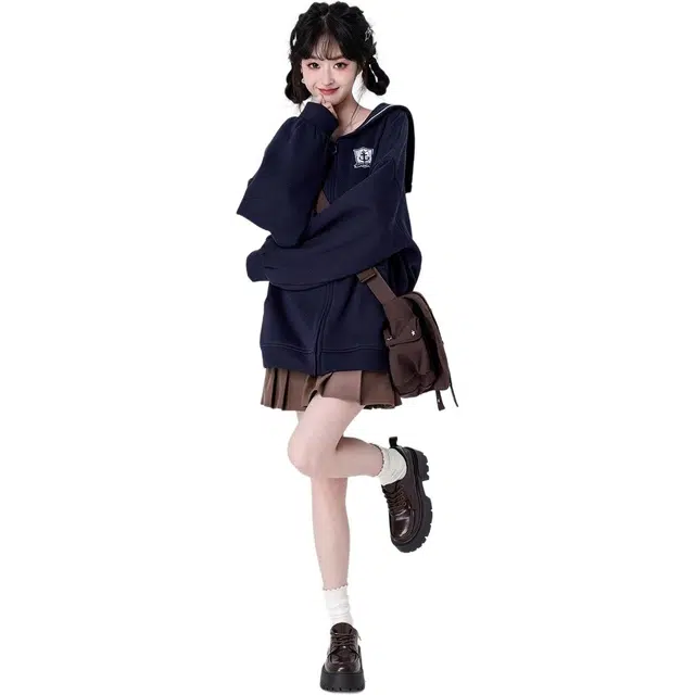 邓大喵 学院风外套女春秋甜美小个子水手领刺绣拉链开衫卫衣 女款
