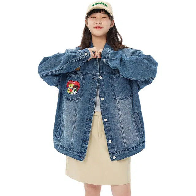 邓大喵 刺绣女春秋韩版宽松设计感水洗做旧春季夹克上衣牛仔外套 女款