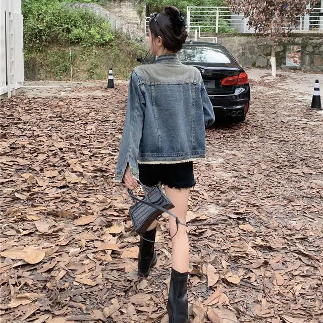 邓大喵 港风复古毛边水洗春秋款款小众个性大码宽松显瘦上衣牛仔外套 女款