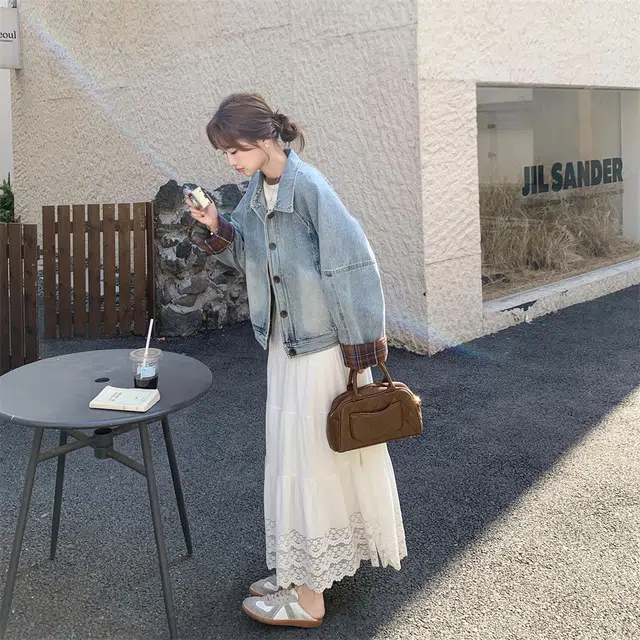 邓大喵 格子拼接韩系高级感牛仔外套 女款