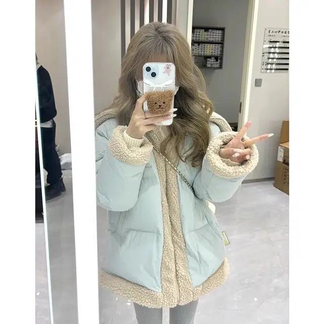 邓大喵 外套拼接毛绒设计冬季韩版保暖宽松加厚面包服棉衣棉袄女棉服 女款