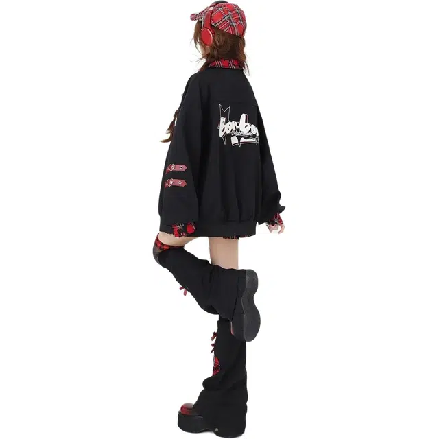 邓大喵 美式亚文风衣服格子拼接爱心外套女春秋季百搭宽松甜酷上衣棒球服 女款