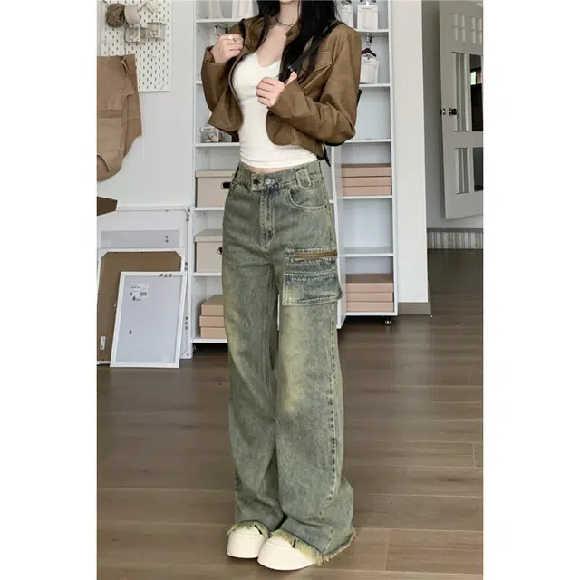 邓大喵 美式复古水洗阔腿女秋冬小众高腰宽松流苏微喇拖地裤子牛仔裤 女款