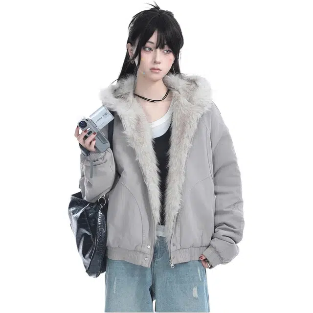 邓大喵 美式复古加棉加厚毛领连帽外套女冬季高级感毛绒棉衣棉服 女款
