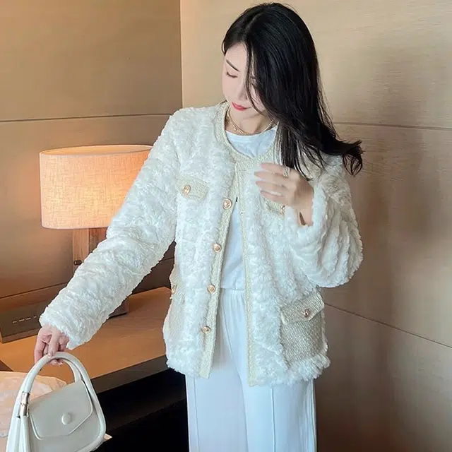 邓大喵 小香风羊羔毛女冬季短款韩系百搭气质夹棉保暖羊剪绒毛毛上衣外套 女款