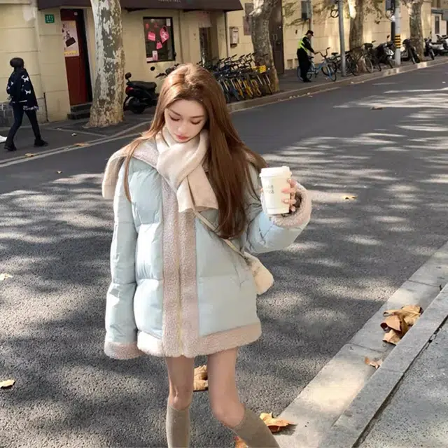 邓大喵 外套拼接毛绒设计冬季韩版保暖宽松加厚面包服棉衣棉袄女棉服 女款