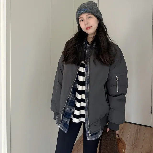 邓大喵 韩版假两件棒球服棉衣女宽松中长款毛呢格子拼接外套冬装棉服 女款