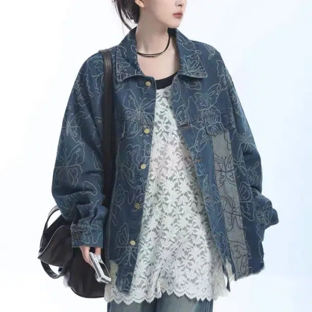 邓大喵 下摆破洞蝴蝶提花女中长款早春秋季毛边流苏刺绣夹克上衣牛仔外套 女款