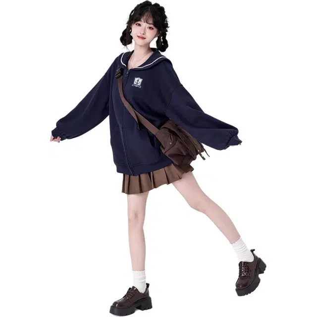 邓大喵 学院风外套女春秋甜美小个子水手领刺绣拉链开衫卫衣 女款