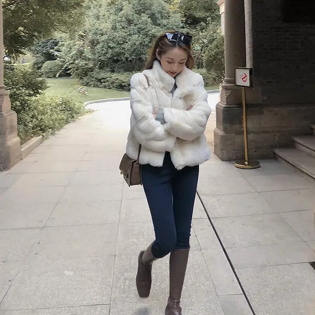 邓大喵 仿水貂毛外套女洋气冬季宽松毛茸茸短款加厚兔毛立领大衣皮草 女款