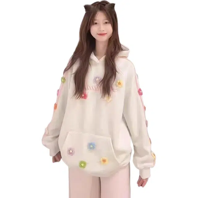 邓大喵 美式复古立体花朵秋冬刺绣春秋宽松设计百搭甜美连帽外套上衣卫衣 女款