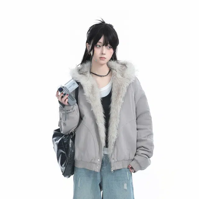 邓大喵 美式复古加棉加厚毛领连帽外套女冬季高级感毛绒棉衣棉服 女款