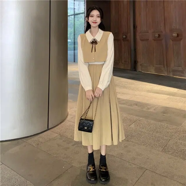 邓大喵 假两件撞色拼接秋季法式复古学院风收腰显瘦中长款裙子长袖连衣裙 女款