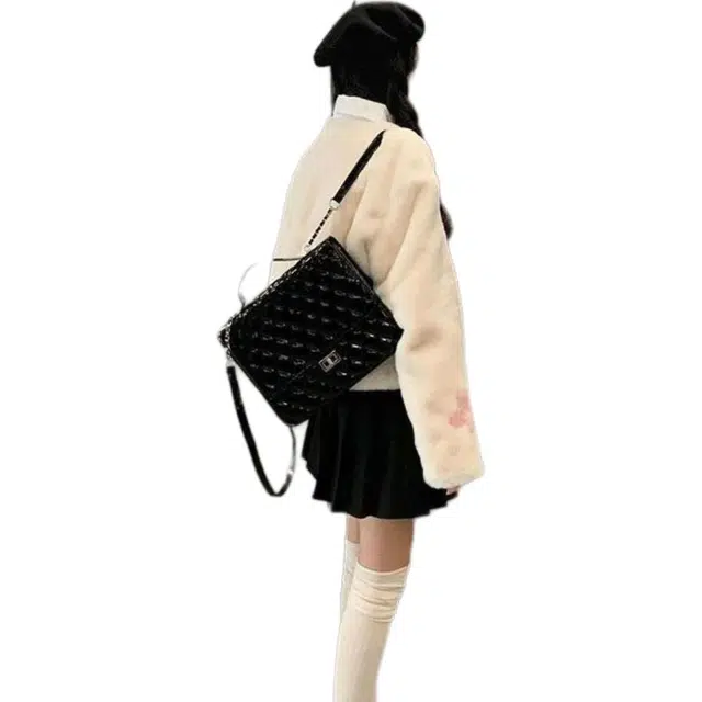 邓大喵 外穿毛毛外套女秋冬年轻短款小个子拼接印花减龄毛绒上衣皮草 女款