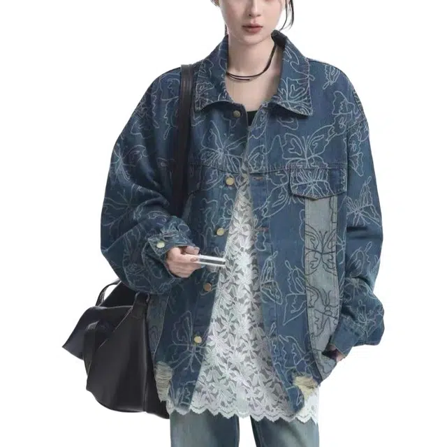 邓大喵 下摆破洞蝴蝶提花女中长款早春秋季毛边流苏刺绣夹克上衣牛仔外套 女款