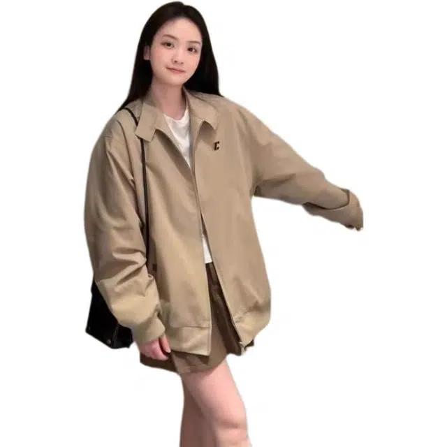 邓大喵 美式复古外套百搭春秋宽松工装学生小个子休闲上衣潮夹克 女款