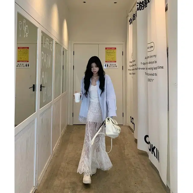 邓大喵 宽松百搭时尚设计感蕾丝拼接长袖衬衫小众蕾丝长款连衣裙裙装套装 女款