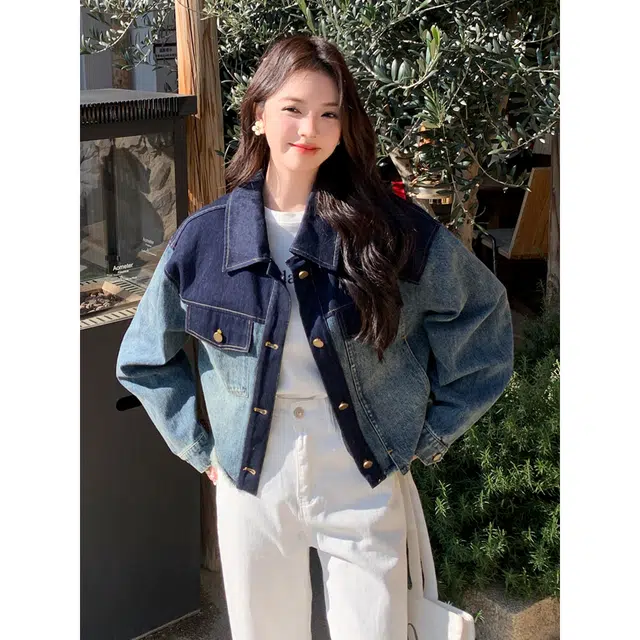 邓大喵 撞色女春秋季设计感小众时尚百搭衣休闲减龄夹克开衫牛仔外套 女款
