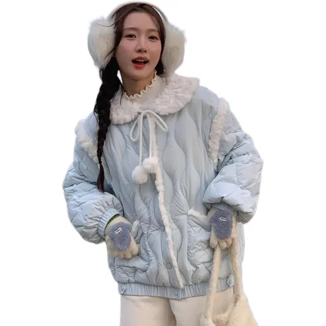 邓大喵 奶呼呼蓝色外套韩系慵懒风厚小个子日系洋气减龄显瘦秋冬穿搭棉服 女款